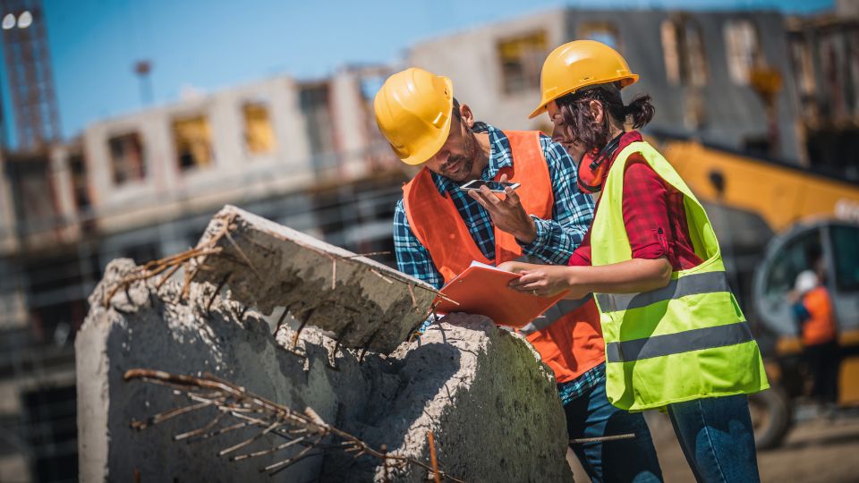 Photograph of two construction workers moving some construction waste