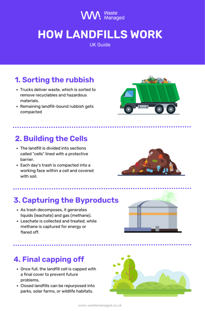 How landfills work UK infographic. 1. sorting. 2. bulding cells. 3. capturing byproducts. 4. final caping off