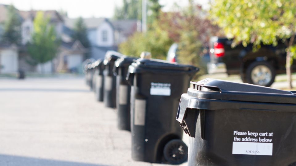 A photograph of lots of black general waste bins