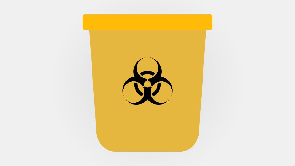 a photo of a sharps waste bin with a yellow lid