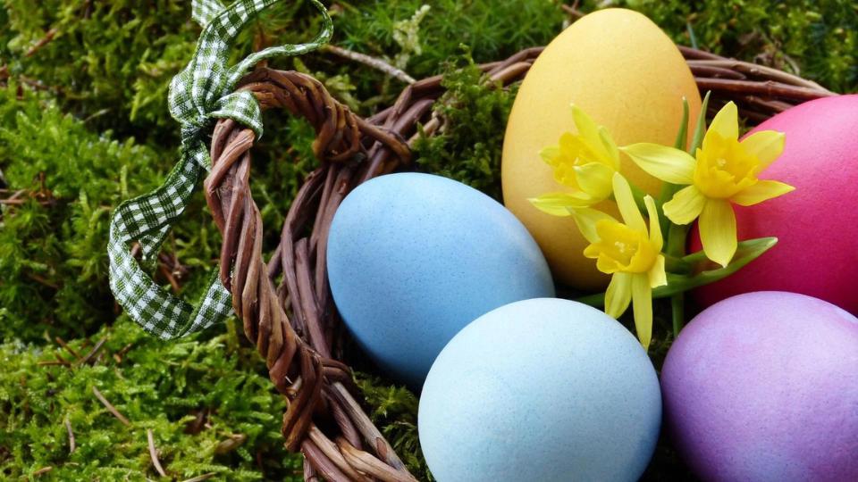 Colourful easter eggs in a basket