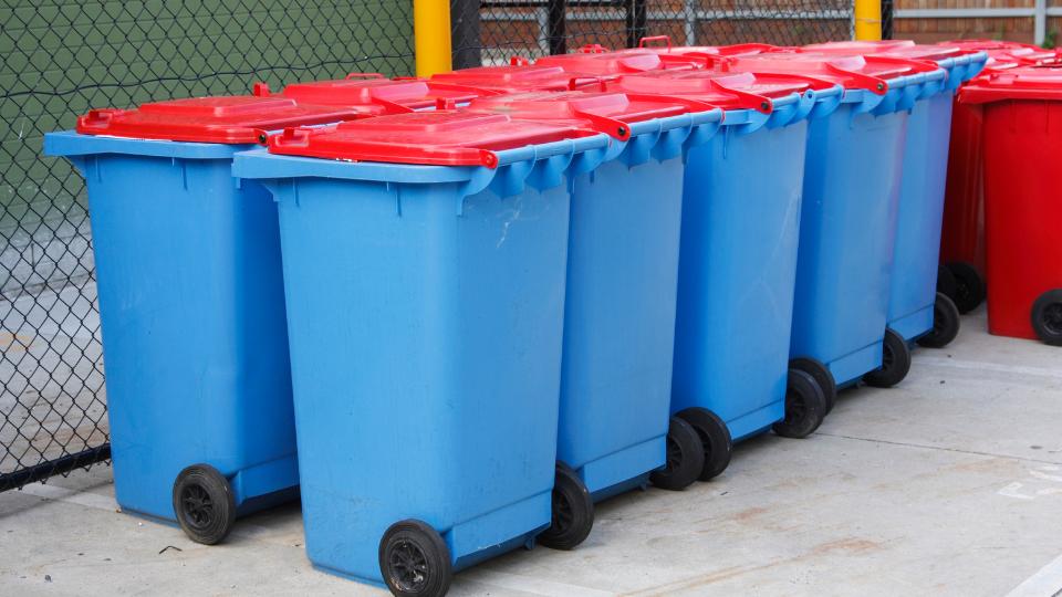 Multiple blue 240L wheelie bins