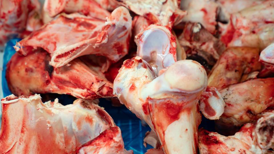 Bloodied animal bones at a butchers