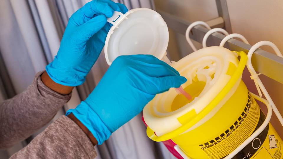 Sharps waste being disposed of in a yellow sharps bin