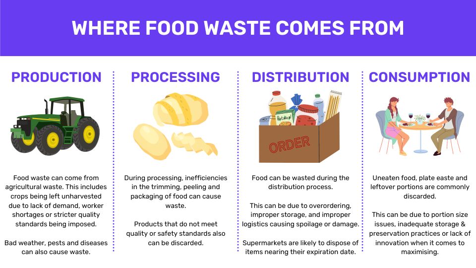 An infographic on where food waste comes from. It includes information about agricultural waste, processing, distrubution and consumption waste in restaurants, cafes and hotels. 