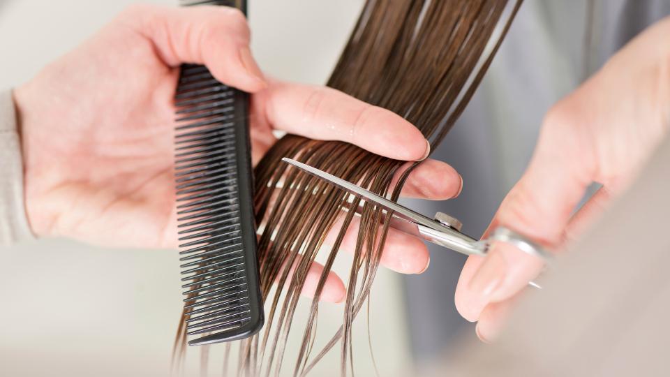 a hairdresser cutting someones hair