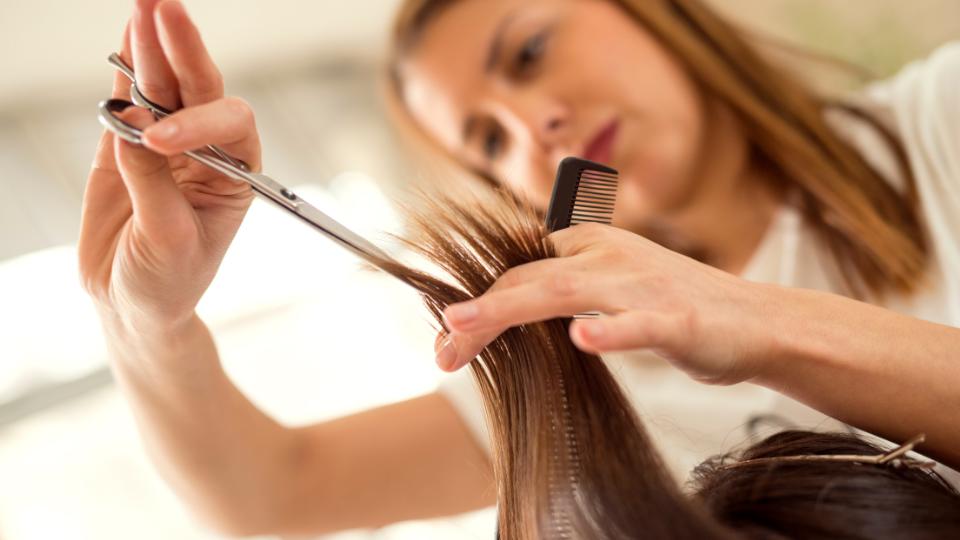 a hairdresser cutting hair in a salon