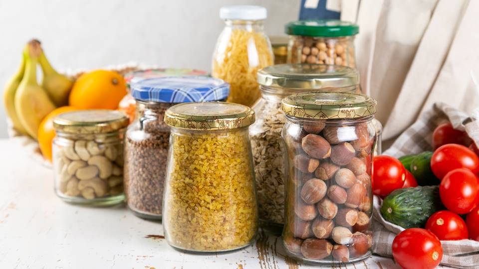 glass packaging holding different foods