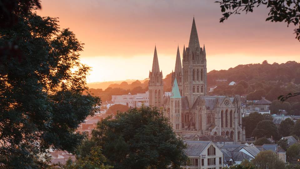 Truro cathedral with sunset in background