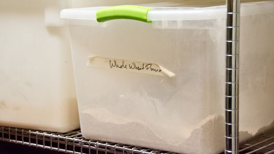 Whole wheat flour in a bakery storage shelf